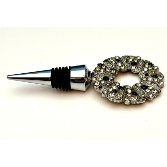 Silver Toned Black and Clear Rhinestone Wreath Wine Bottle Stopper Stocking Gift - Picture 3 of 6